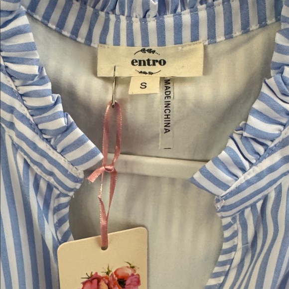 Entro NWT Light Blue and White Striped Blouse with Pink and Green Ric Rac - Picture 5 of 8